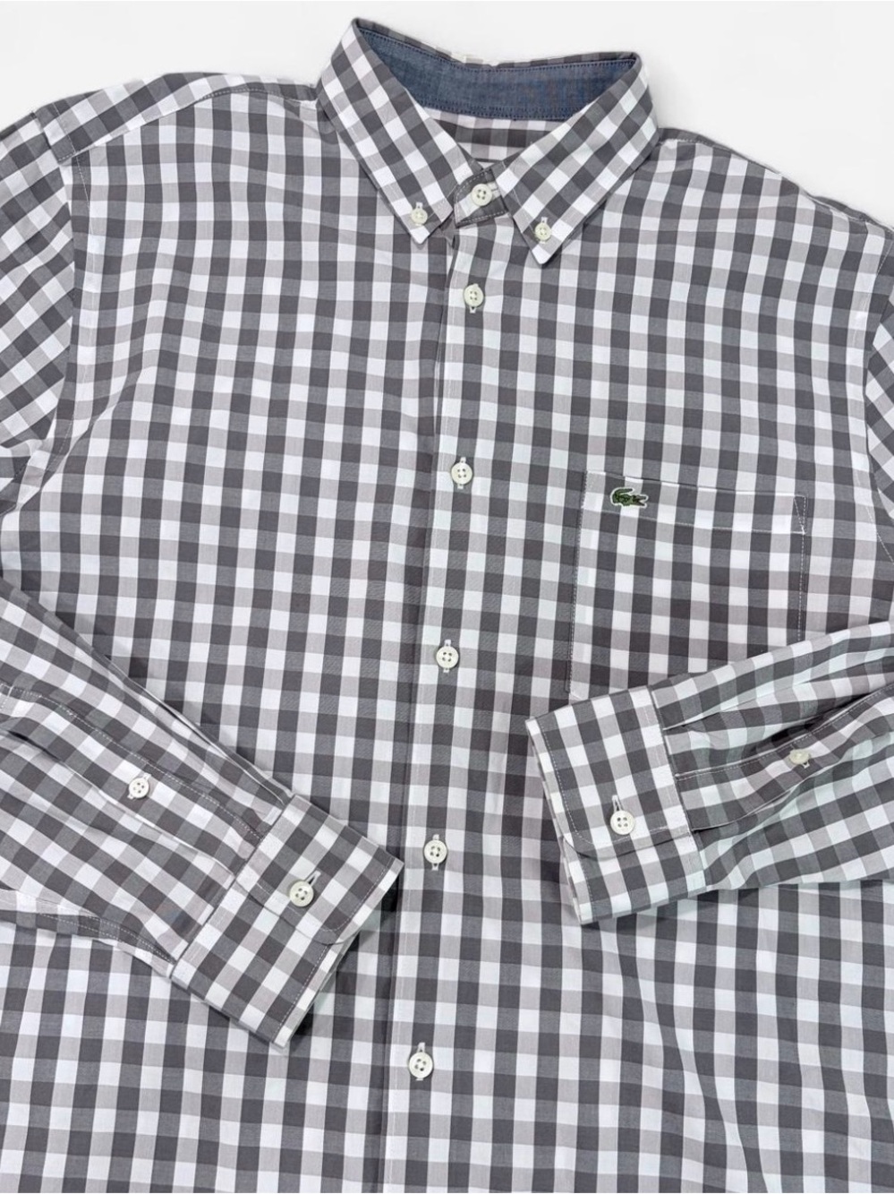 Lacoste Classic Fit Gray White Gingham Button Down Shirt Size 40 M